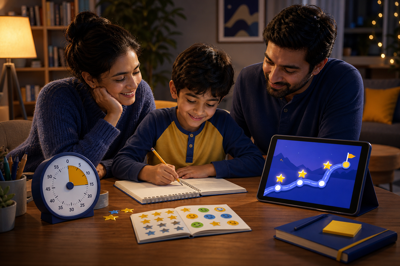 Family using a fifteen minute learning routine with a timer, notebook, and tablet mission
