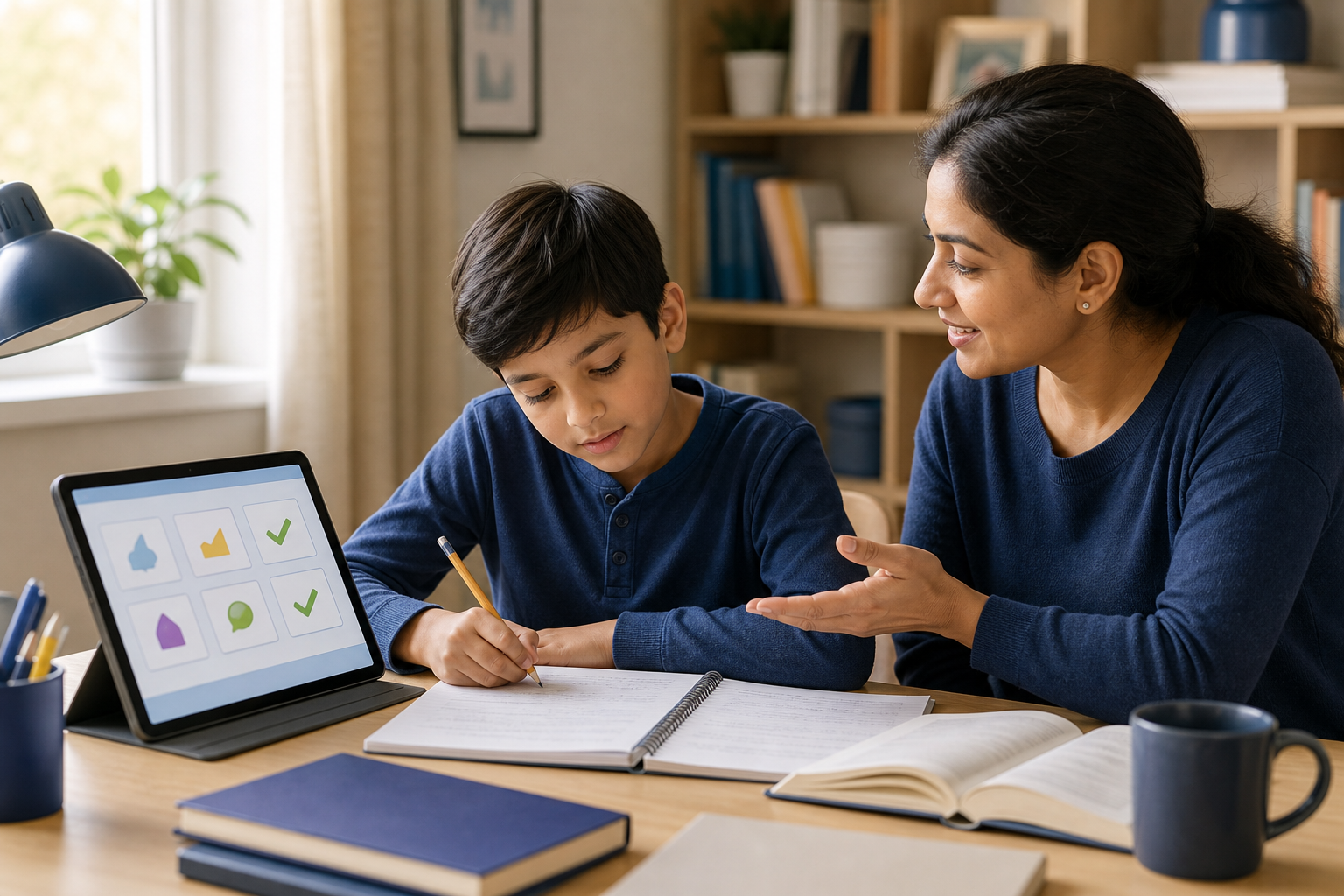 Parent guiding a child through homework without taking over the assignment