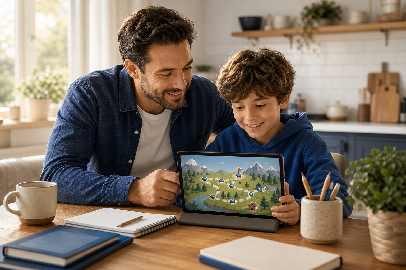 Parent and child reviewing a safe AI learning mission together on a tablet